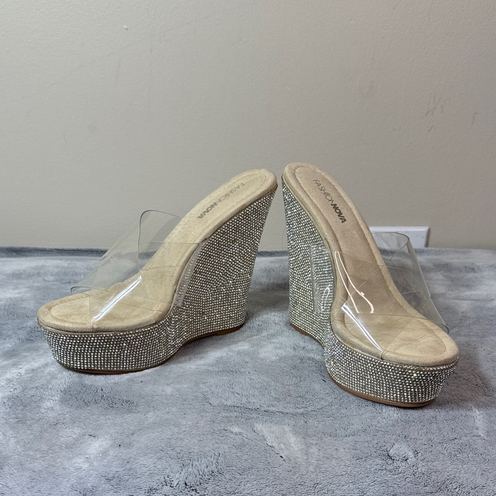 Fashion Nova “Always Ready” Rhinestone Wedges - Size 6.5